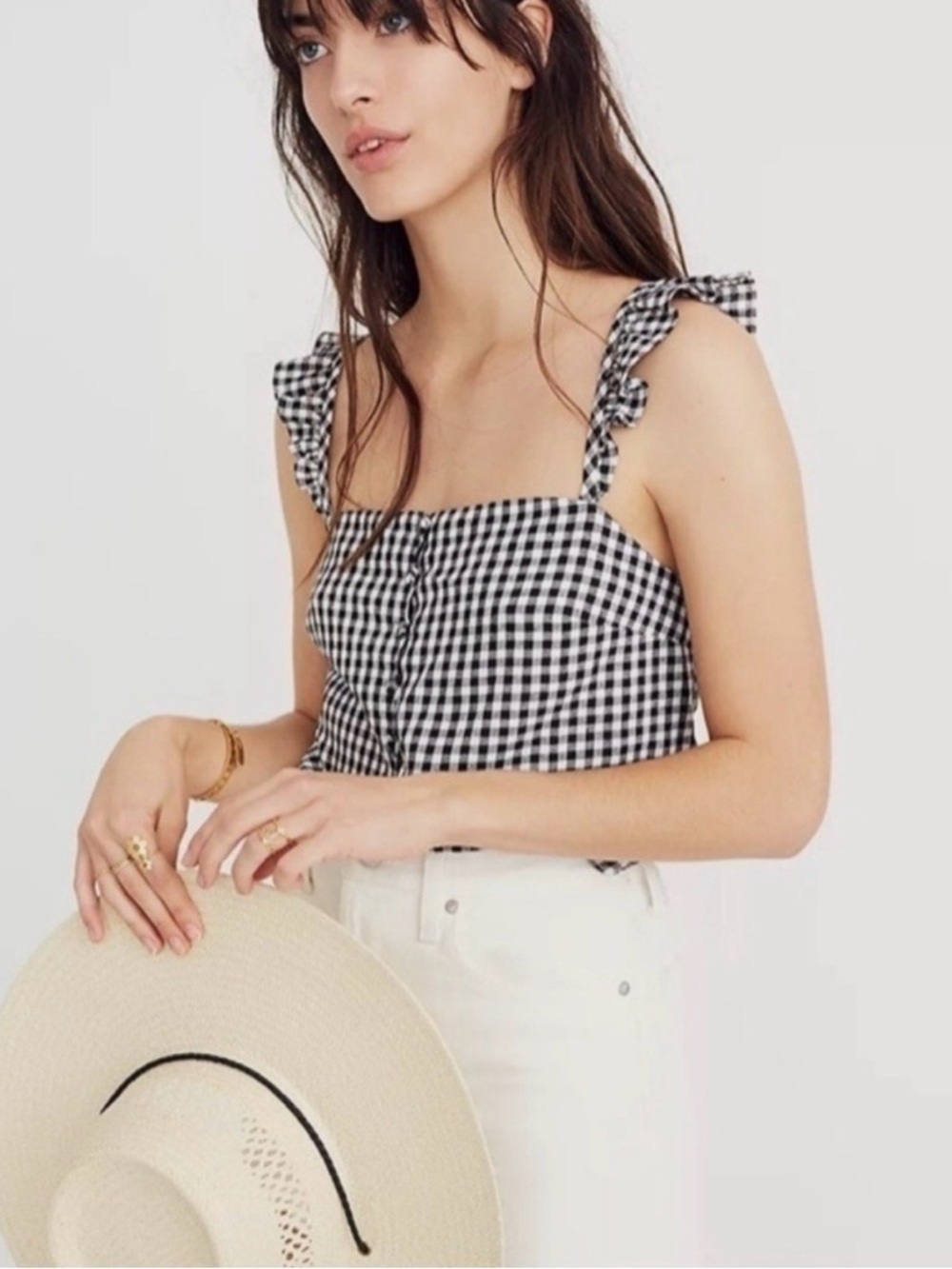 Madewell Black & White Gingham Ruffle-Strap Cami Top